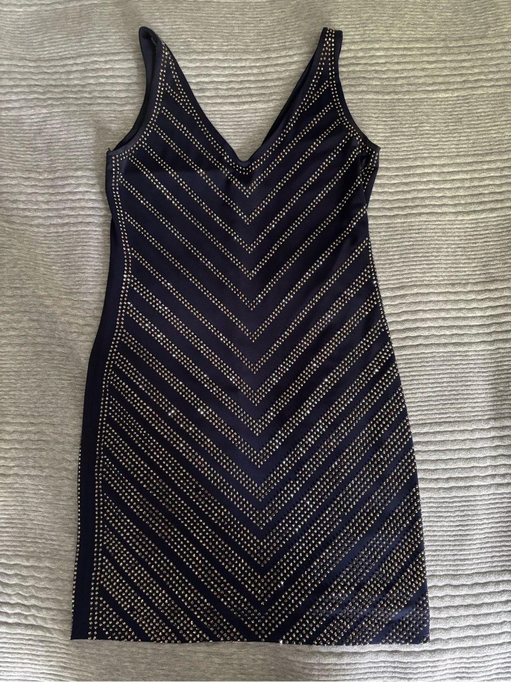 Cache Navy V-Neck Mini Dress with Silver Stud Chevron Detail